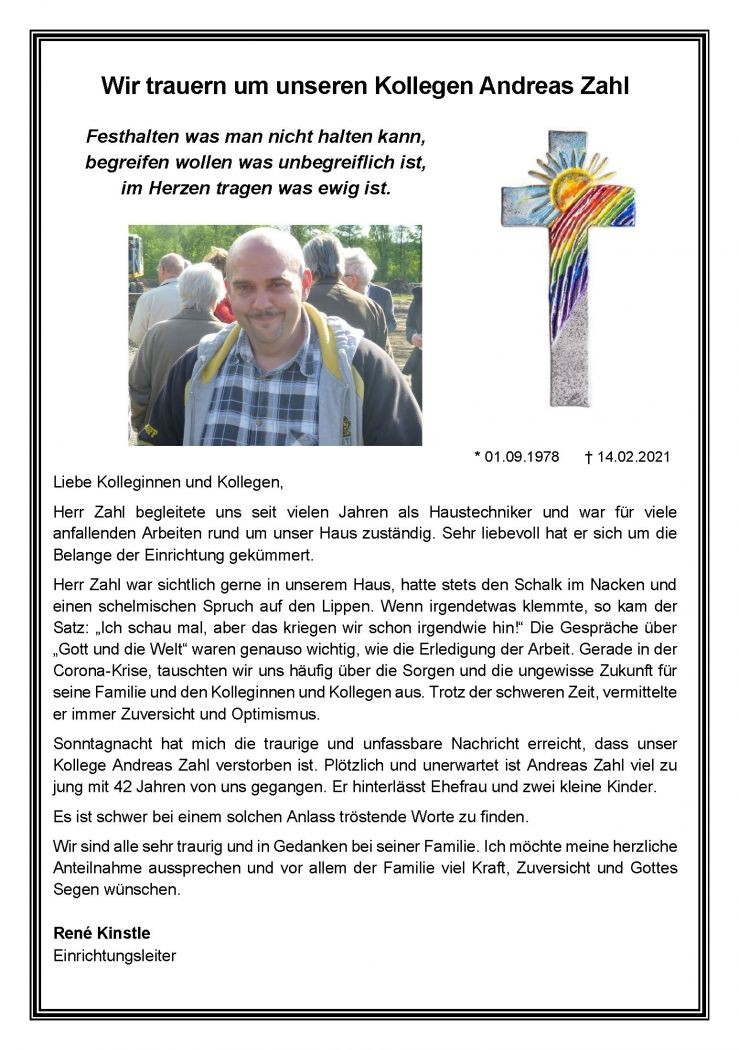 Wir trauern um unseren Kollegen Andreas Zahl
